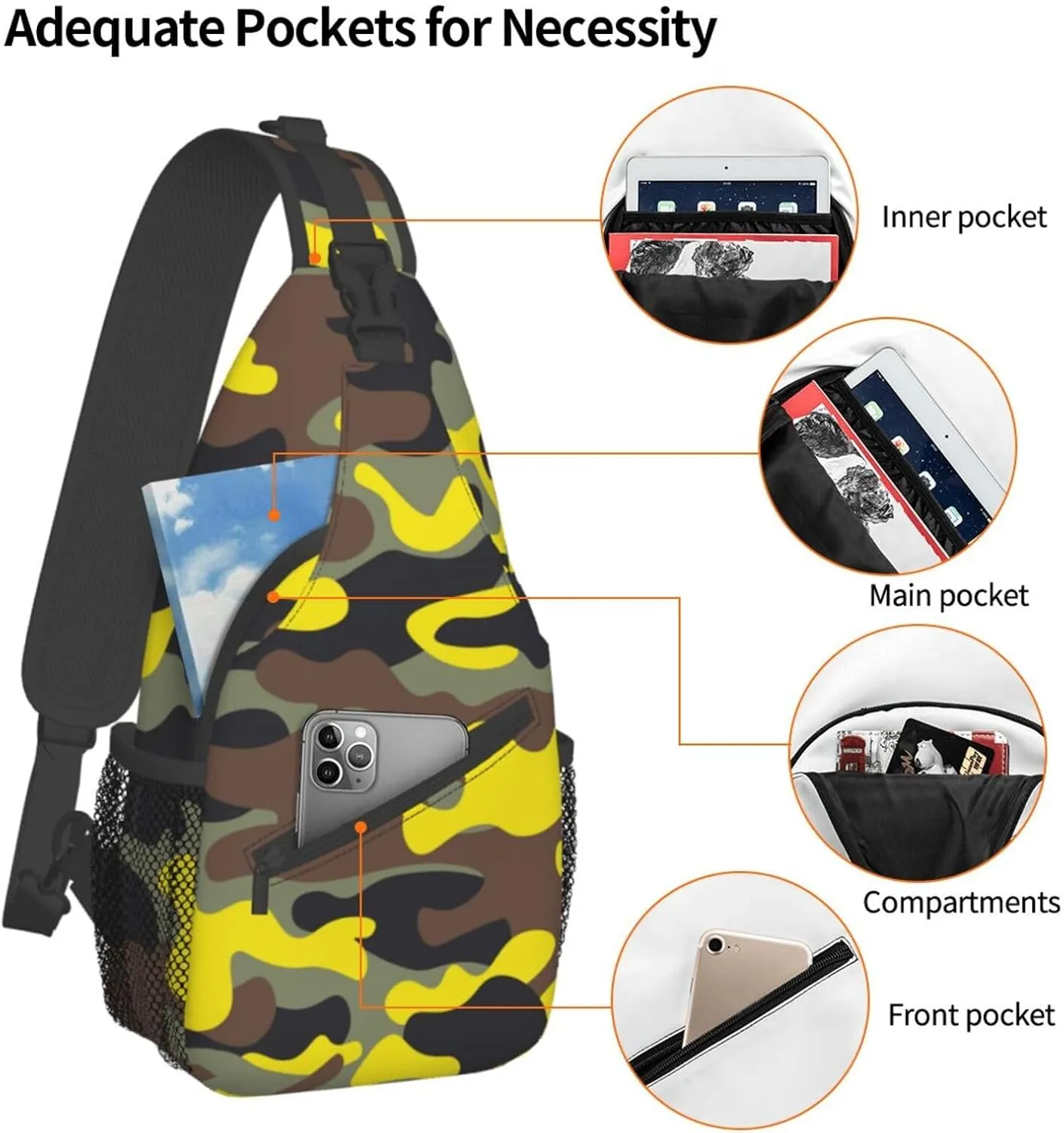 VOOHDDY Fashion Yellow Brown Camo Sling Bag For Women Men Travel Hiking Backpack Crossbody Shoulder Chest Bags Casual Daypack Sport