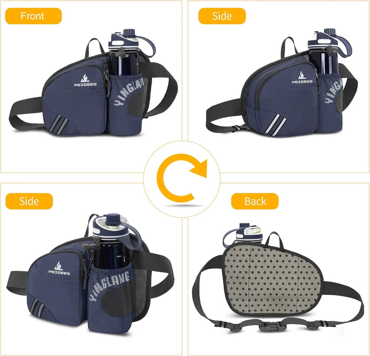Waist Bag Fanny Pack with Water Bottle Holder for Men Women Hiking Running Dog Walking Fit All Phones (Bottle Not Included), Dark Blue