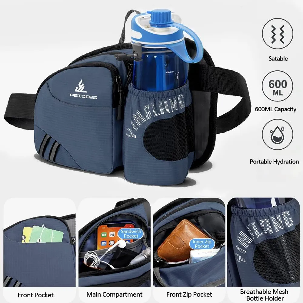 Waist Bag Fanny Pack with Water Bottle Holder for Men Women Hiking Running Dog Walking Fit All Phones (Bottle Not Included), Dark Blue