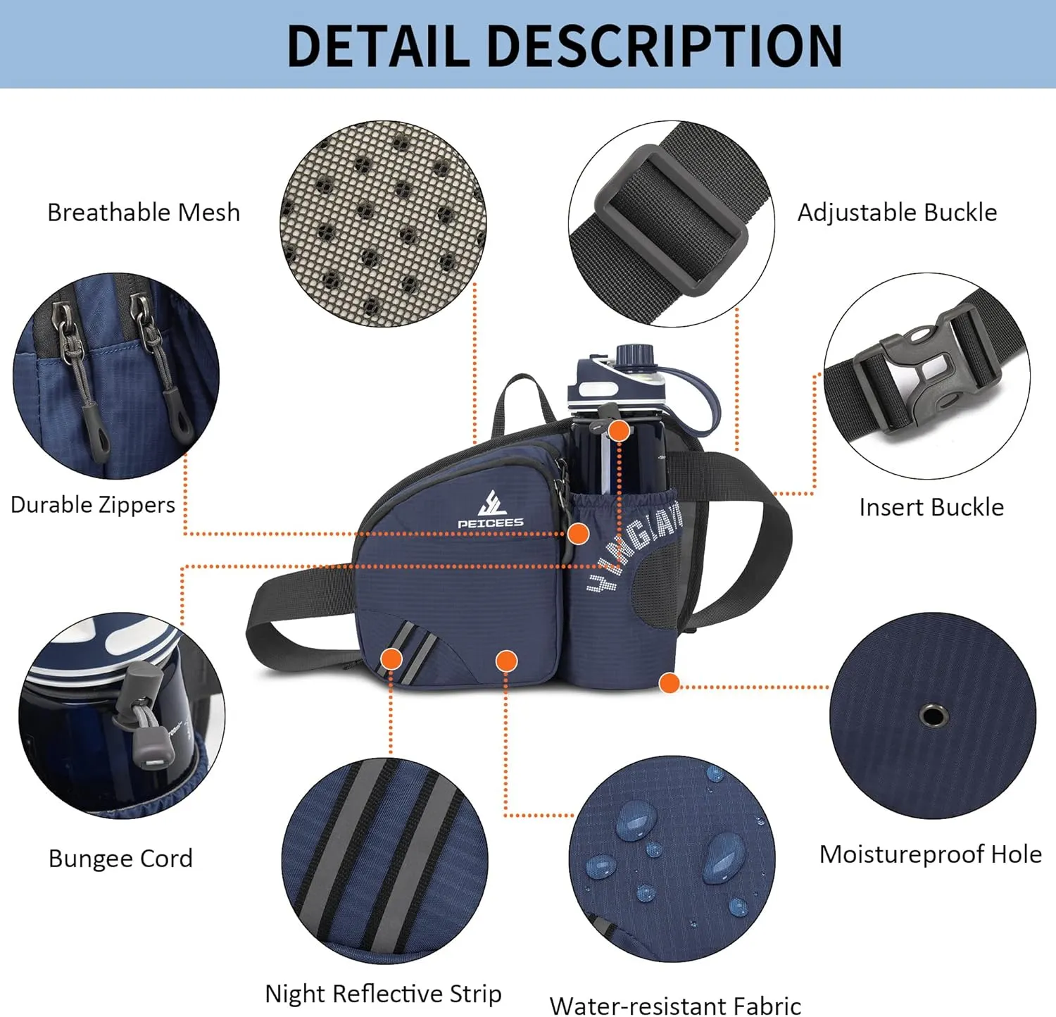 Waist Bag Fanny Pack with Water Bottle Holder for Men Women Hiking Running Dog Walking Fit All Phones (Bottle Not Included), Dark Blue
