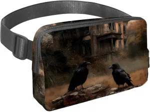 Waist Pack for Women Men, Outdoor Waist Bag Fanny Pack, Slim Running Belt Bum Bag for Walking Jogging Hiking Traveling Workout - Crows on Abandoned House