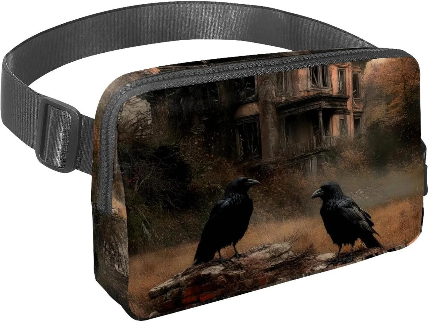 Waist Pack for Women Men, Outdoor Waist Bag Fanny Pack, Slim Running Belt Bum Bag for Walking Jogging Hiking Traveling Workout - Crows on Abandoned House