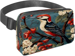 Waist Pack for Women Men, Outdoor Waist Bag Fanny Pack, Slim Running Belt Bum Bag for Walking Jogging Hiking Traveling Workout - Woodpecker Bird on Red Berries Branch