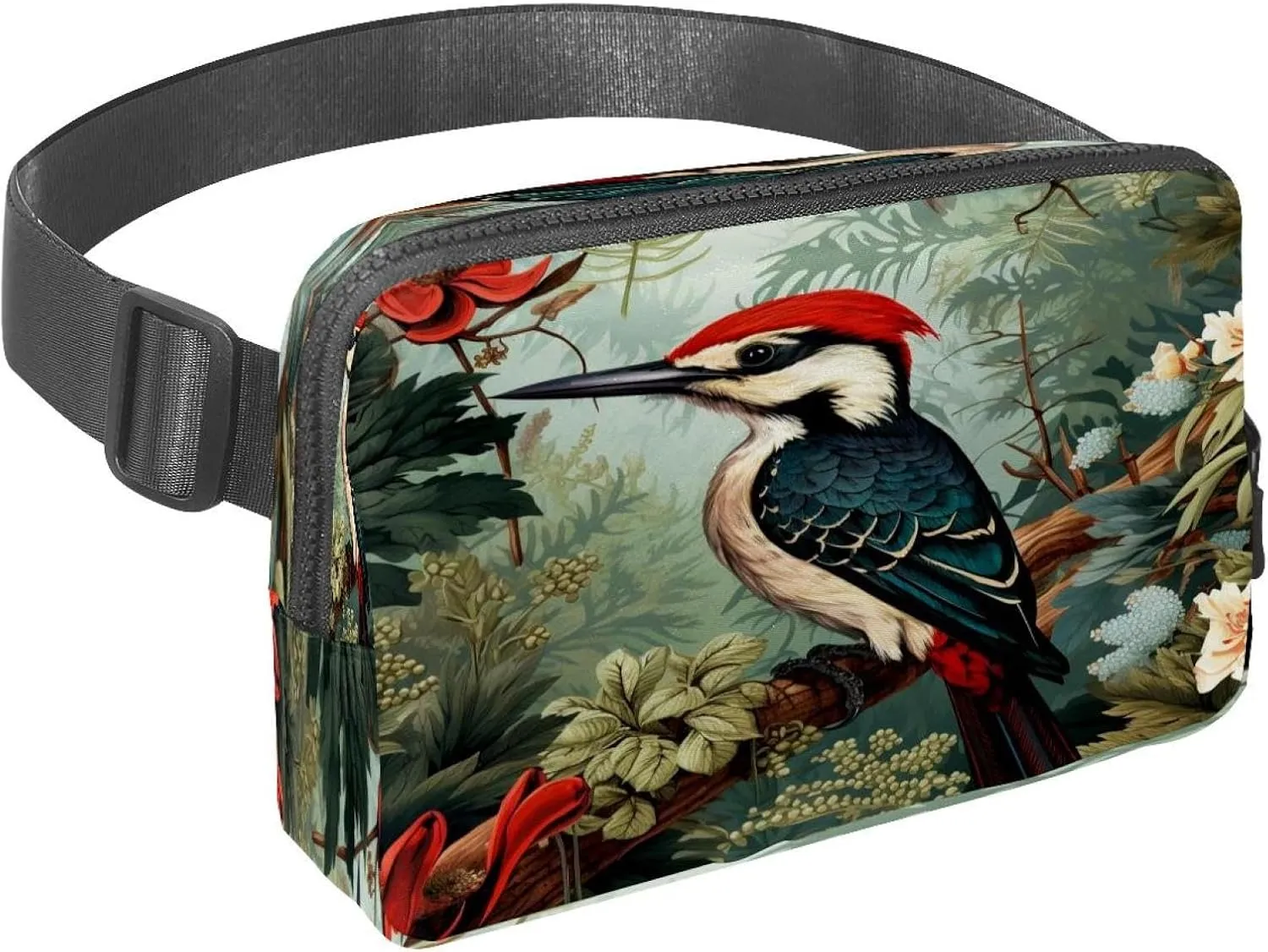 Waist Pack for Women Men, Outdoor Waist Bag Fanny Pack, Slim Running Belt Bum Bag for Walking Jogging Hiking Traveling Workout - Woodpecker Bird on Red Berries Branch