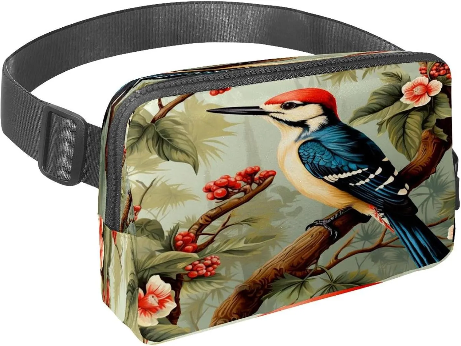Waist Pack for Women Men, Outdoor Waist Bag Fanny Pack, Slim Running Belt Bum Bag for Walking Jogging Hiking Traveling Workout - Woodpecker Bird on Red Berries Branch