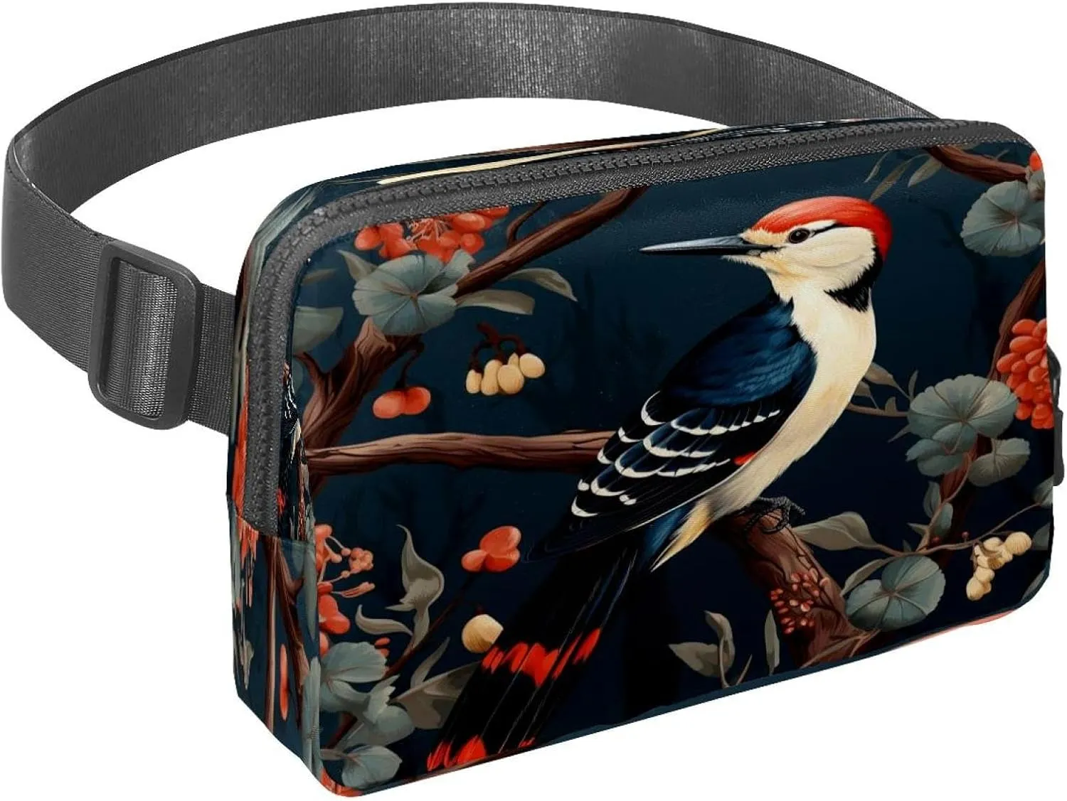 Waist Pack for Women Men, Outdoor Waist Bag Fanny Pack, Slim Running Belt Bum Bag for Walking Jogging Hiking Traveling Workout - Woodpecker Bird on Red Berries Branch