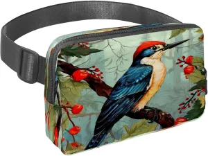 Waist Pack for Women Men, Outdoor Waist Bag Fanny Pack, Slim Running Belt Bum Bag for Walking Jogging Hiking Traveling Workout - Woodpecker Bird on Red Berries Branch