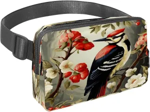 Waist Pack for Women Men, Outdoor Waist Bag Fanny Pack, Slim Running Belt Bum Bag for Walking Jogging Hiking Traveling Workout - Woodpecker Bird on Red Berries Branch