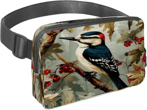 Waist Pack for Women Men, Outdoor Waist Bag Fanny Pack, Slim Running Belt Bum Bag for Walking Jogging Hiking Traveling Workout - Woodpecker Bird on Red Berries Branch
