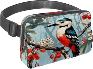 Waist Pack for Women Men, Outdoor Waist Bag Fanny Pack, Slim Running Belt Bum Bag for Walking Jogging Hiking Traveling Workout - Woodpecker Bird on Red Berries Branch
