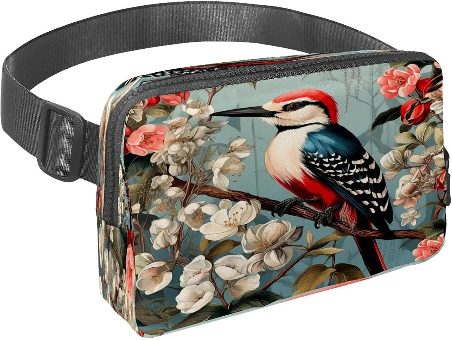 Waist Pack for Women Men, Outdoor Waist Bag Fanny Pack, Slim Running Belt Bum Bag for Walking Jogging Hiking Traveling Workout - Woodpecker Bird on Red Berries Branch