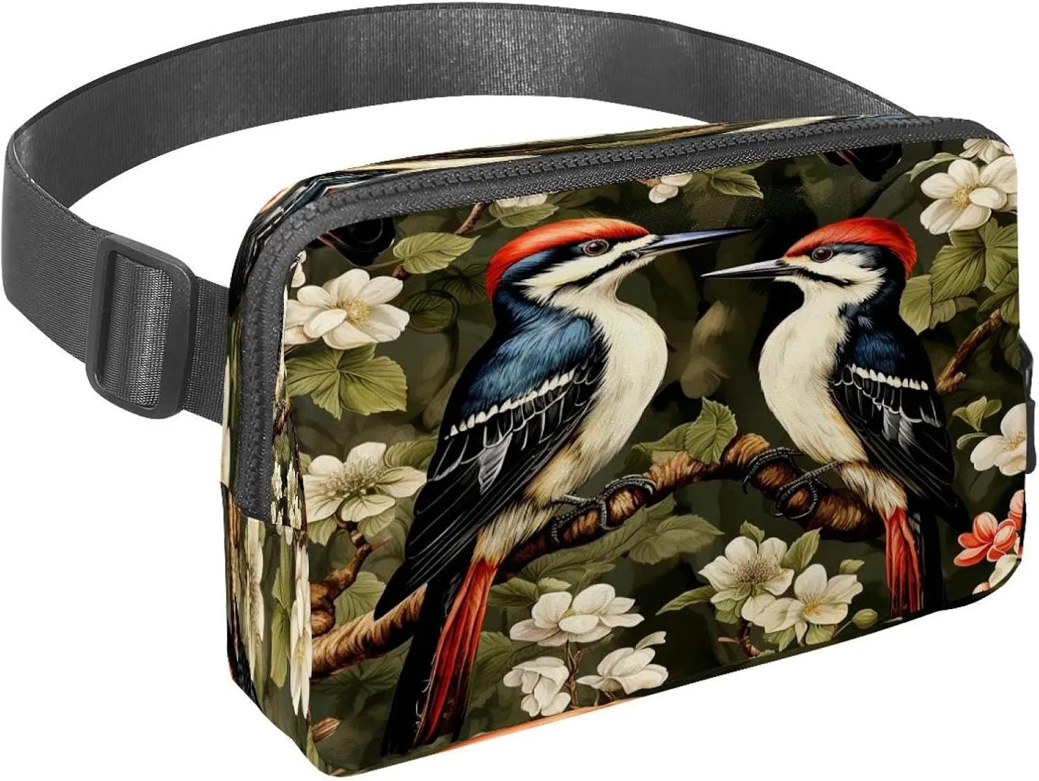 Waist Pack for Women Men, Outdoor Waist Bag Fanny Pack, Slim Running Belt Bum Bag for Walking Jogging Hiking Traveling Workout - Woodpecker Bird on Red Berries Branch