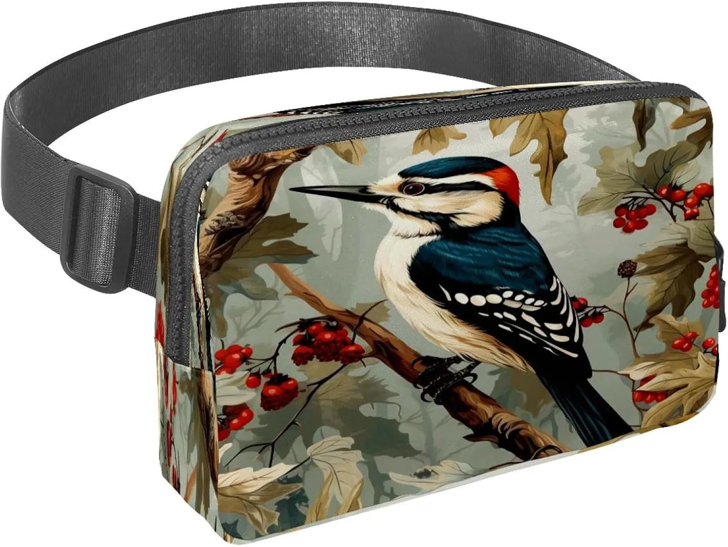 Waist Pack for Women Men, Outdoor Waist Bag Fanny Pack, Slim Running Belt Bum Bag for Walking Jogging Hiking Traveling Workout - Woodpecker Bird on Red Berries Branch