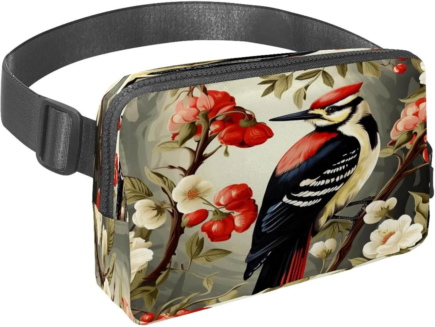 Waist Pack for Women Men, Outdoor Waist Bag Fanny Pack, Slim Running Belt Bum Bag for Walking Jogging Hiking Traveling Workout - Woodpecker Bird on Red Berries Branch