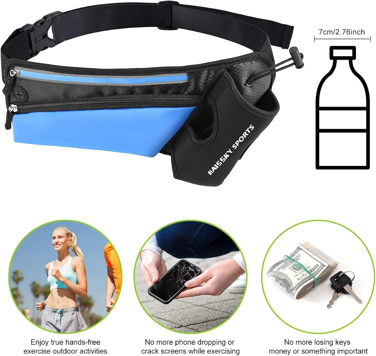 Waist Pack Sports Running Belt Pouch Bag with Water Bottle Holder and 2 Zipped Pockets for iPhone, Samsung or Smartphones hydration packs for Man Women Workout Outdoors Climbing Cycling