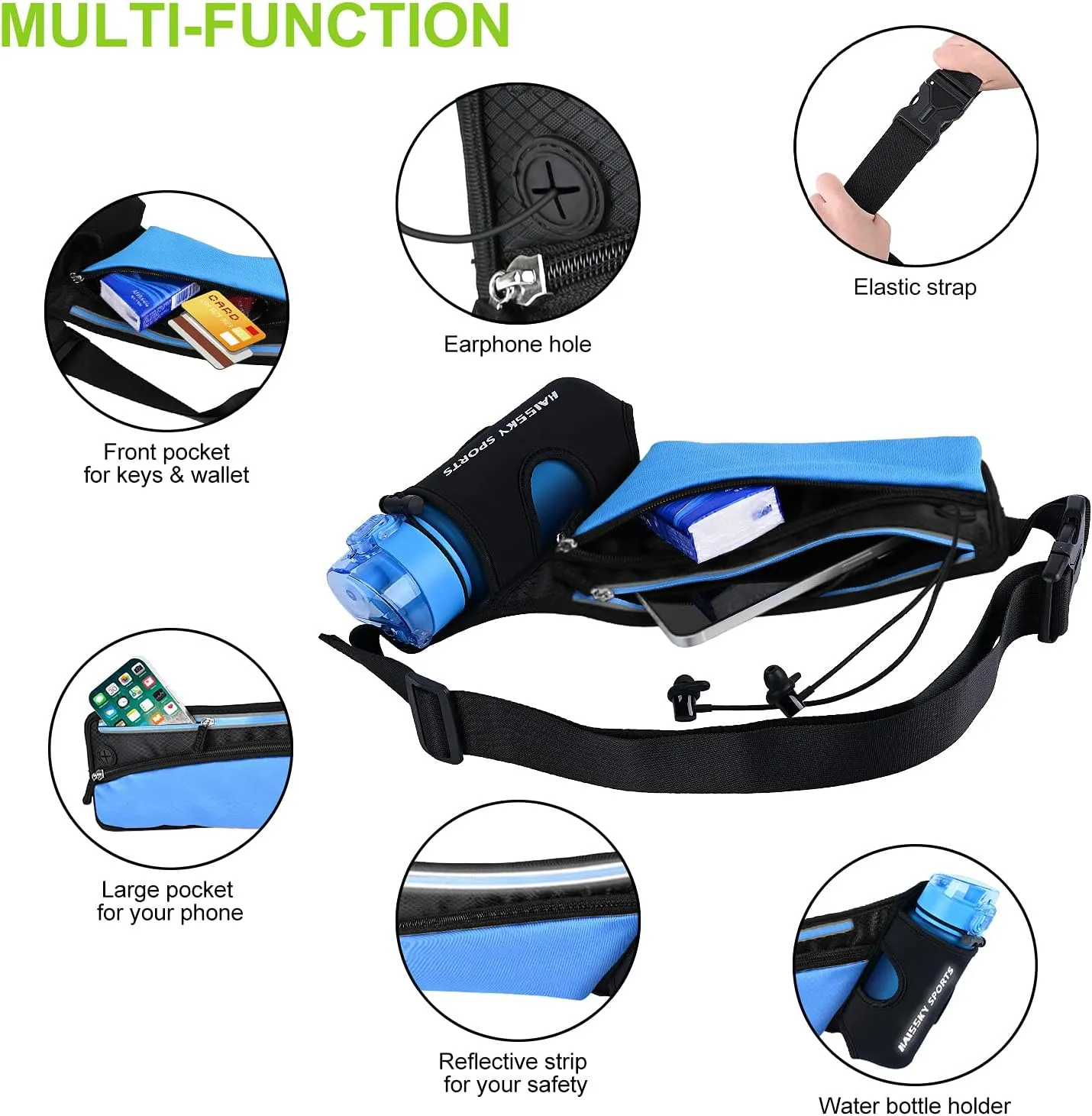 Waist Pack Sports Running Belt Pouch Bag with Water Bottle Holder and 2 Zipped Pockets for iPhone, Samsung or Smartphones hydration packs for Man Women Workout Outdoors Climbing Cycling