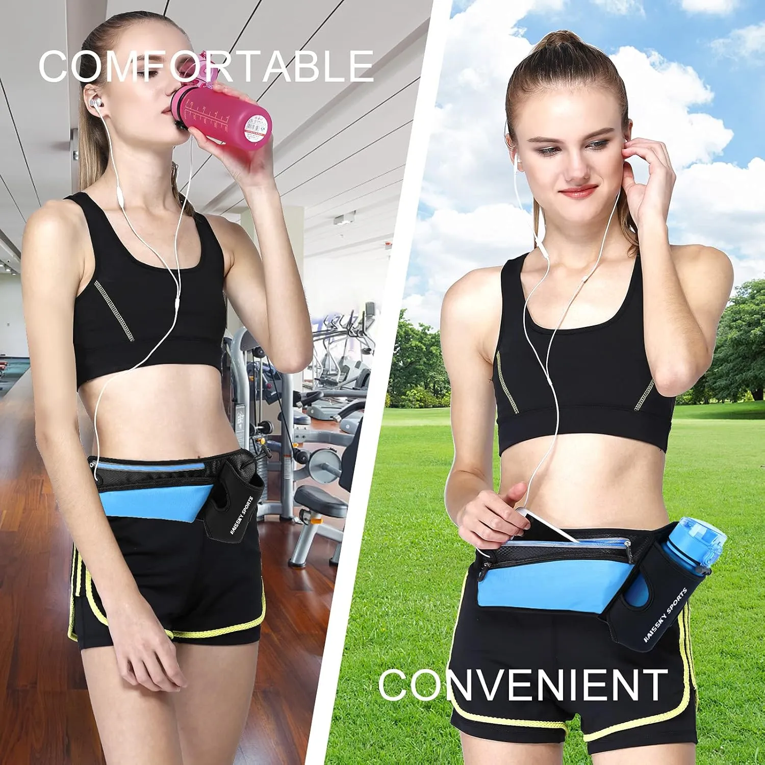 Waist Pack Sports Running Belt Pouch Bag with Water Bottle Holder and 2 Zipped Pockets for iPhone, Samsung or Smartphones hydration packs for Man Women Workout Outdoors Climbing Cycling