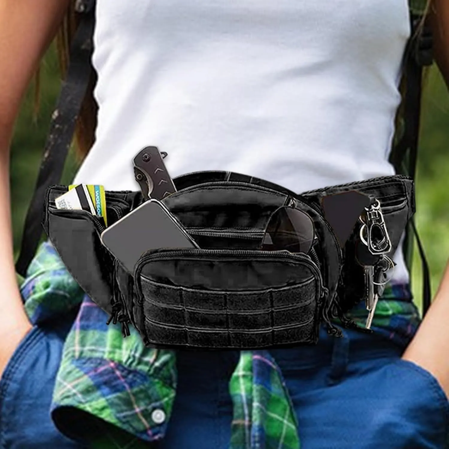 Waist Packs - Camping Waist Bag with 5 Pockets - Multifunctional, Adjustable Strap, Perfect for Sports, Travel, Running, & Camping - All-in-One Organizer, Black