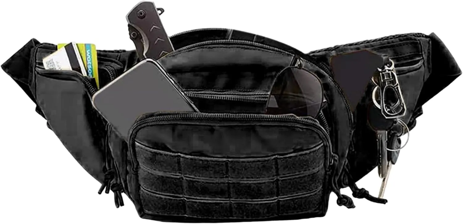 Waist Packs - Camping Waist Bag with 5 Pockets - Multifunctional, Adjustable Strap, Perfect for Sports, Travel, Running, & Camping - All-in-One Organizer, Black