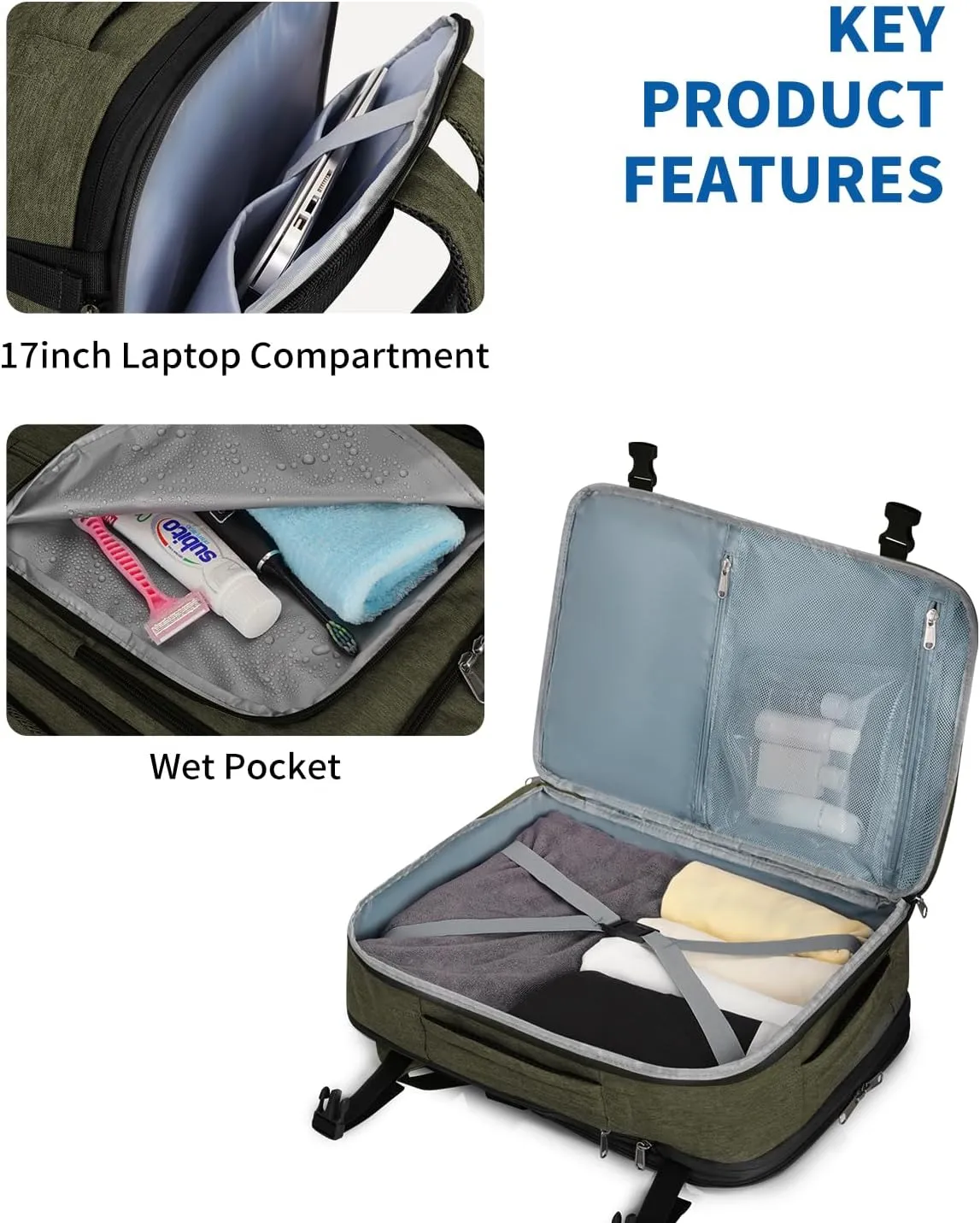WANDF Expandable 17 Inch Laptop Travel Backpack For Spirit Airlines Personal Item Bag 18x14x8 with Wet Pocket for Men Women (Army Green)