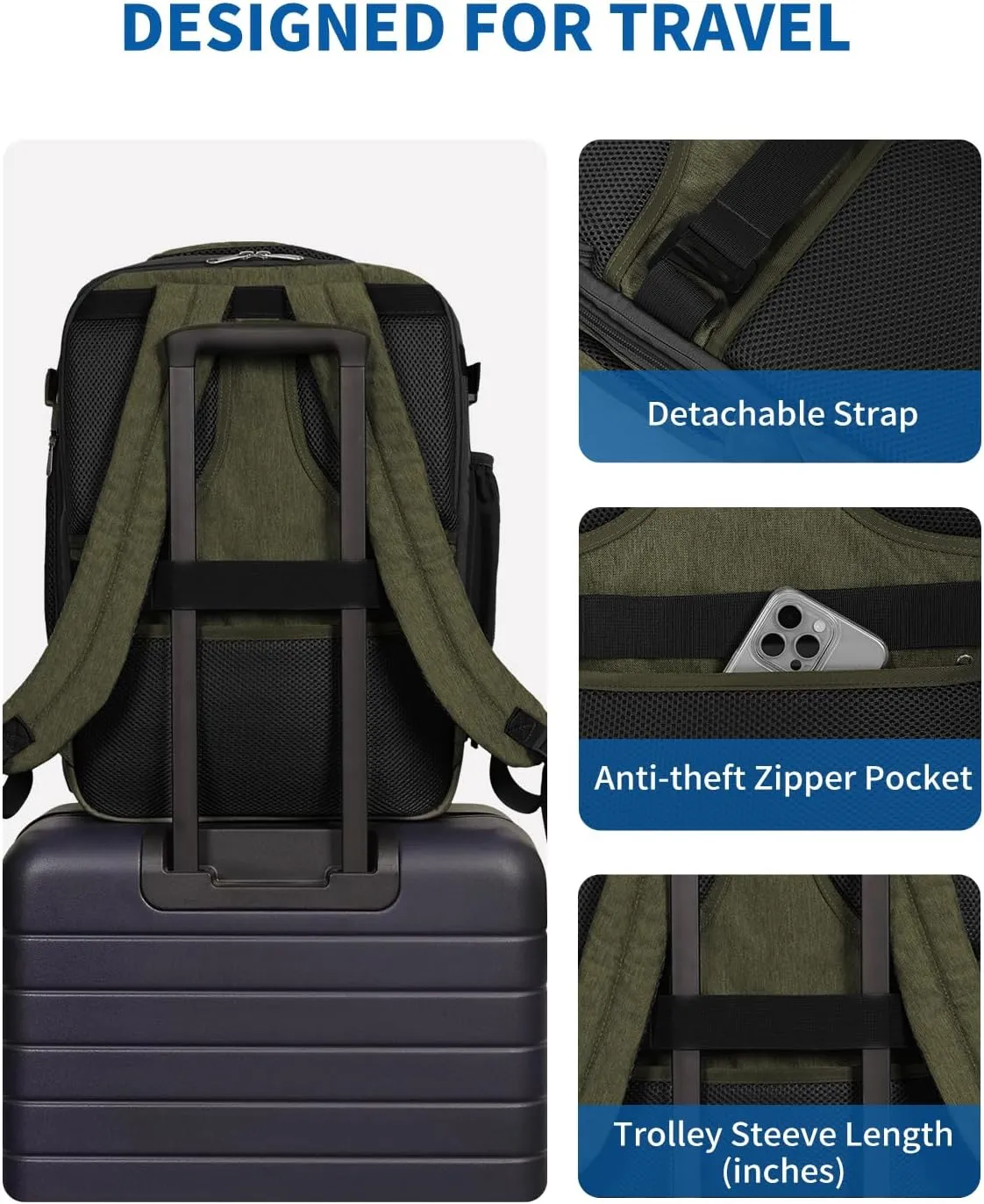WANDF Expandable 17 Inch Laptop Travel Backpack For Spirit Airlines Personal Item Bag 18x14x8 with Wet Pocket for Men Women (Army Green)