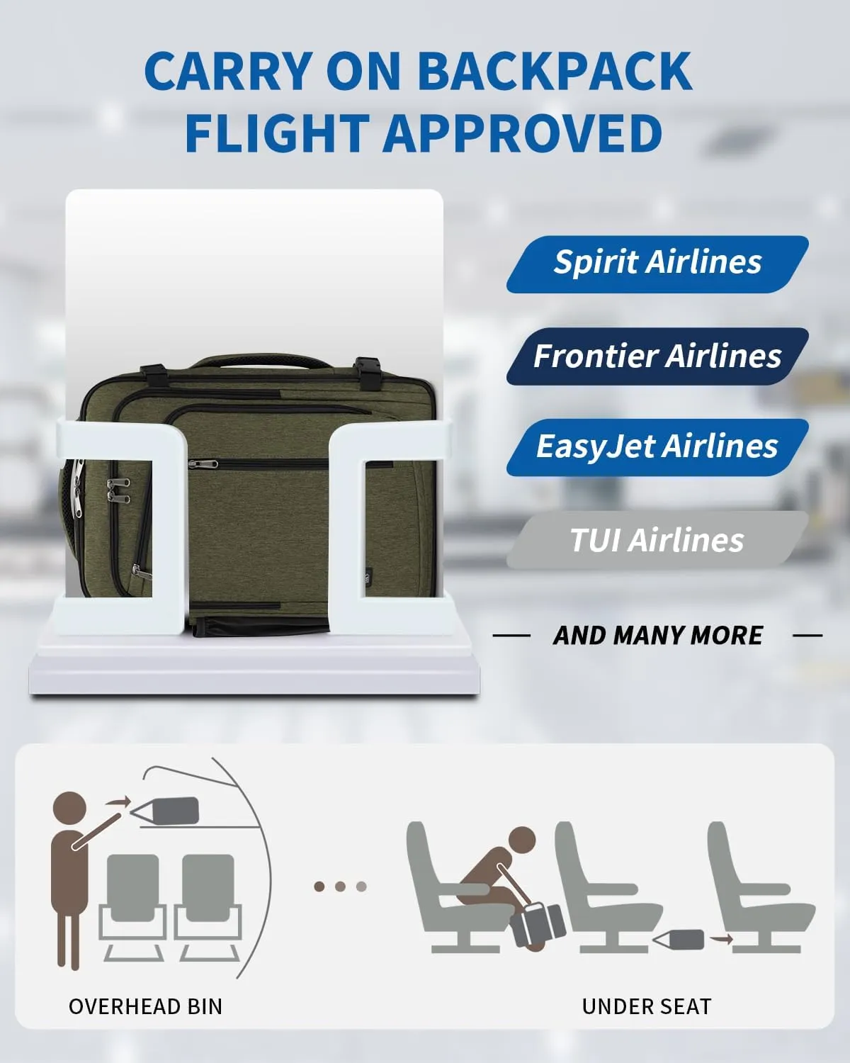 WANDF Expandable 17 Inch Laptop Travel Backpack For Spirit Airlines Personal Item Bag 18x14x8 with Wet Pocket for Men Women (Army Green)