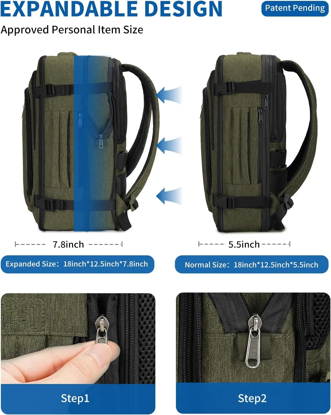 WANDF Expandable 17 Inch Laptop Travel Backpack For Spirit Airlines Personal Item Bag 18x14x8 with Wet Pocket for Men Women (Army Green)