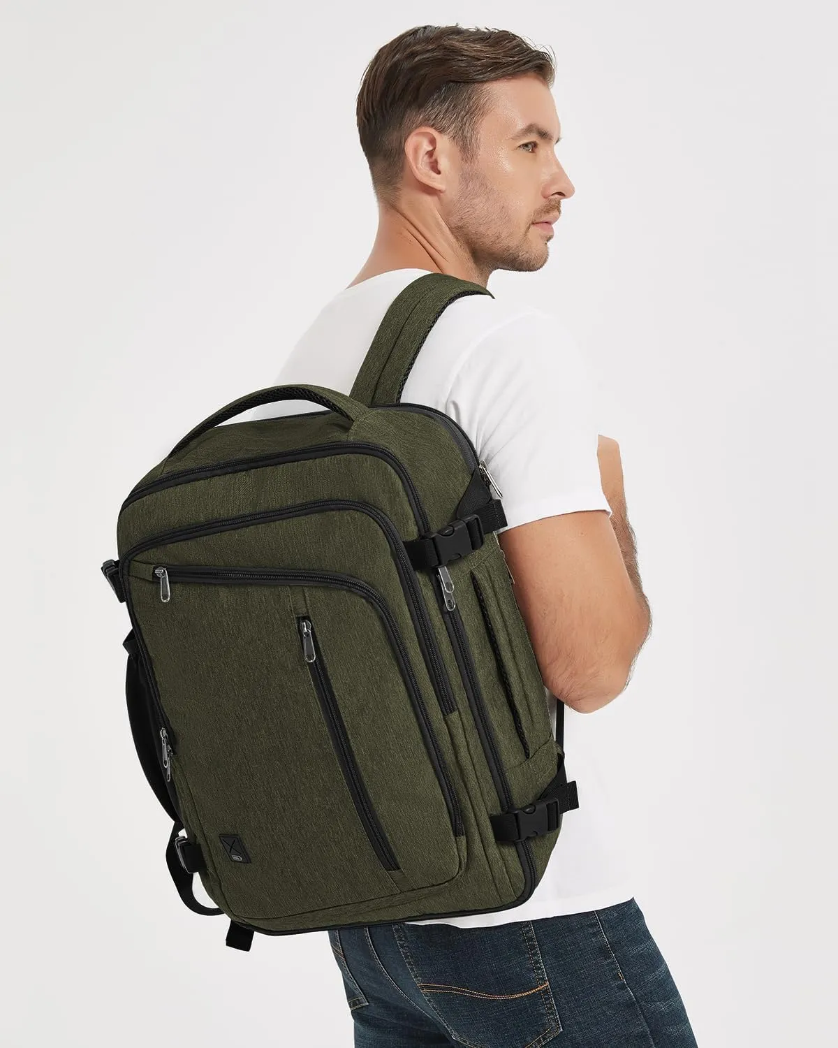 WANDF Expandable 17 Inch Laptop Travel Backpack For Spirit Airlines Personal Item Bag 18x14x8 with Wet Pocket for Men Women (Army Green)
