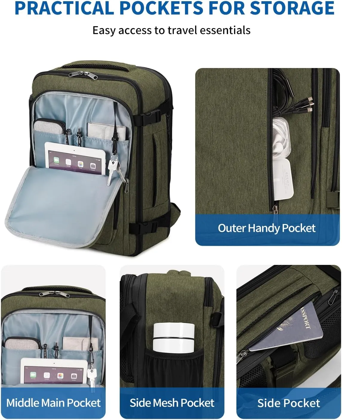 WANDF Expandable 17 Inch Laptop Travel Backpack For Spirit Airlines Personal Item Bag 18x14x8 with Wet Pocket for Men Women (Army Green)