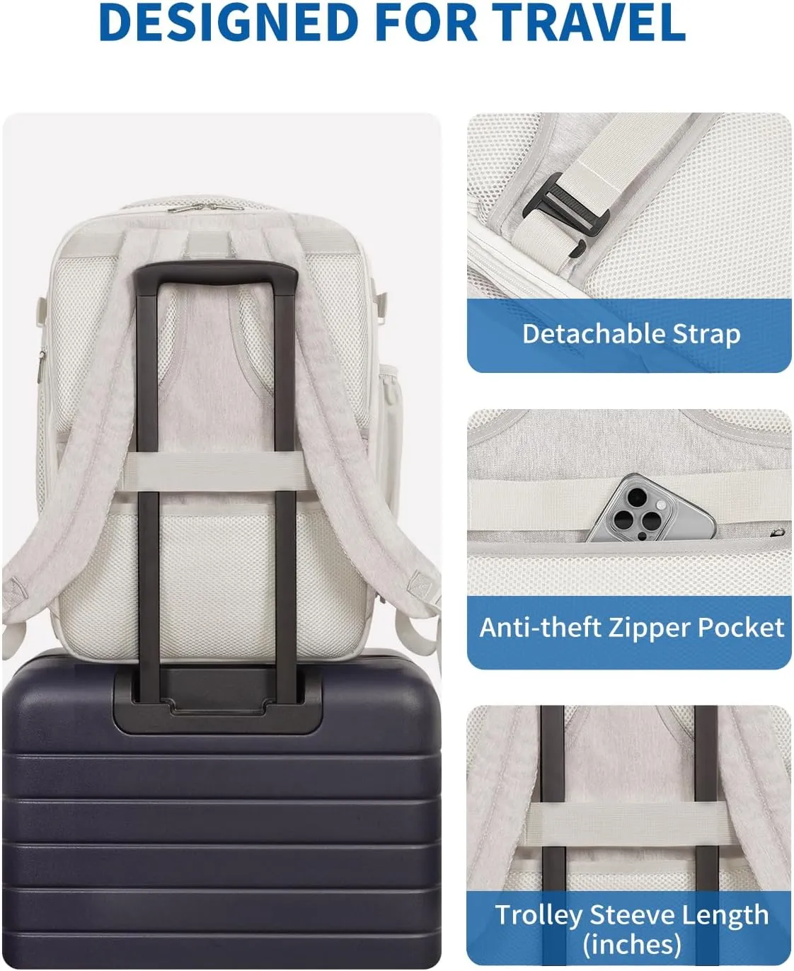 WANDF Expandable 17 Inch Laptop Travel Backpack For Spirit Airlines Personal Item Bag 18x14x8 with Wet Pocket for Men Women (Beige)