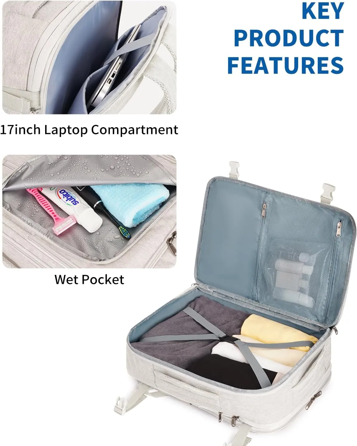 WANDF Expandable 17 Inch Laptop Travel Backpack For Spirit Airlines Personal Item Bag 18x14x8 with Wet Pocket for Men Women (Beige)