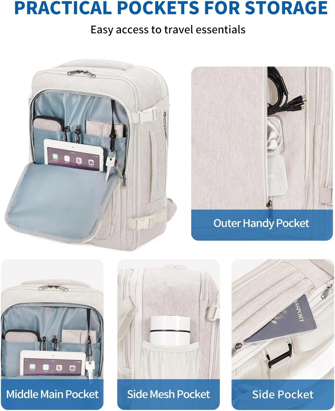 WANDF Expandable 17 Inch Laptop Travel Backpack For Spirit Airlines Personal Item Bag 18x14x8 with Wet Pocket for Men Women (Beige)