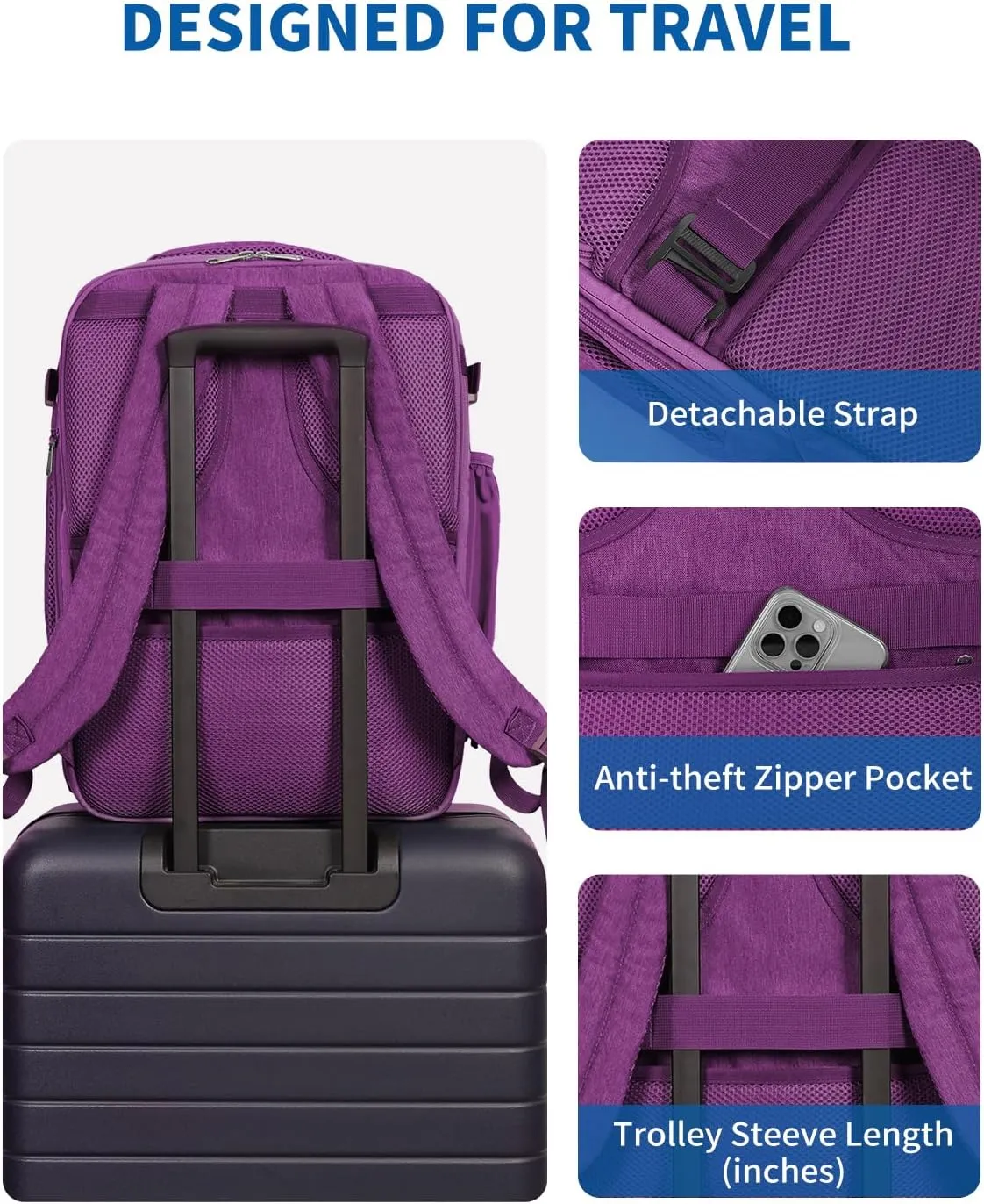 WANDF Expandable 17 Inch Laptop Travel Backpack For Spirit Airlines Personal Item Bag 18x14x8 with Wet Pocket for Men Women (Deep Purple)