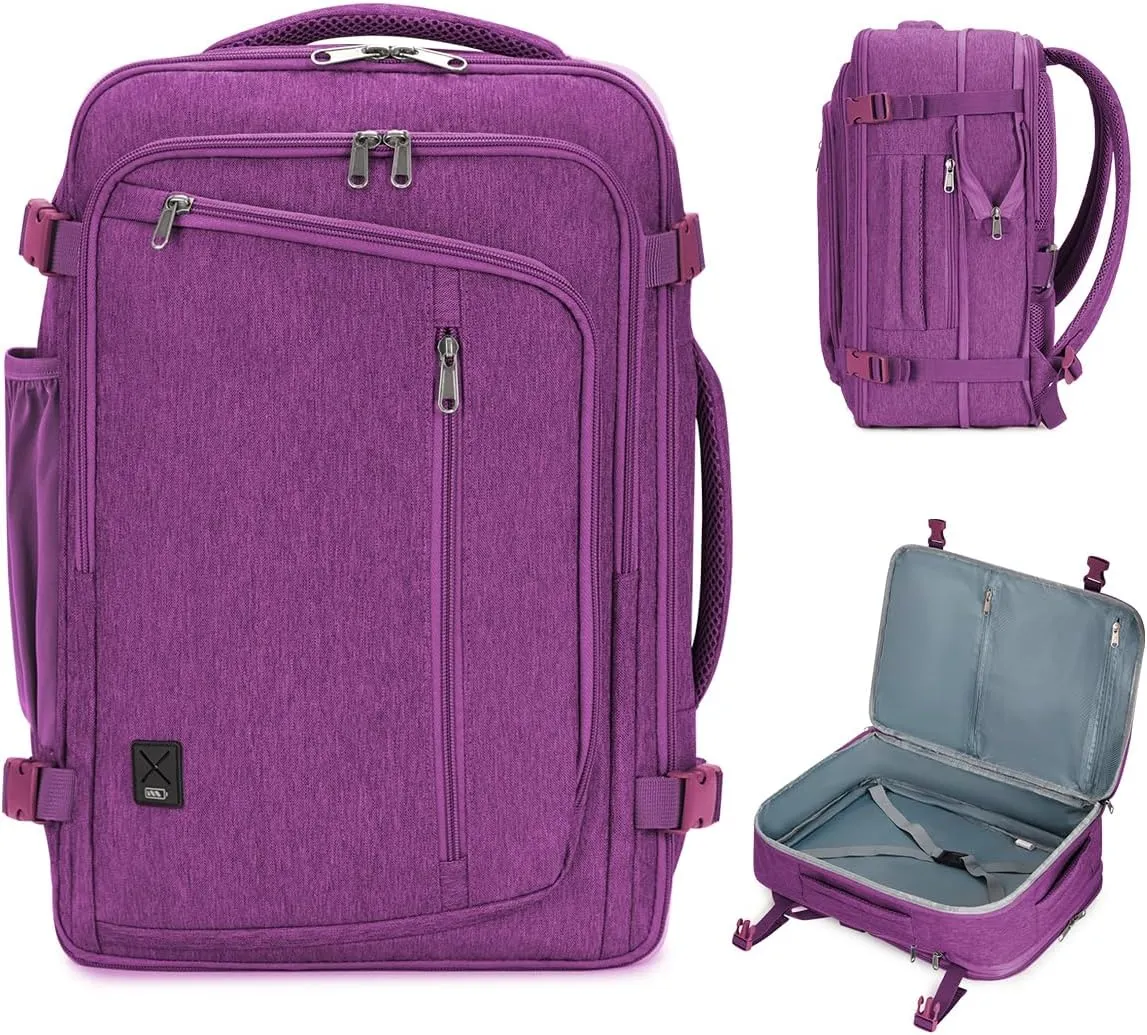 WANDF Expandable 17 Inch Laptop Travel Backpack For Spirit Airlines Personal Item Bag 18x14x8 with Wet Pocket for Men Women (Deep Purple)