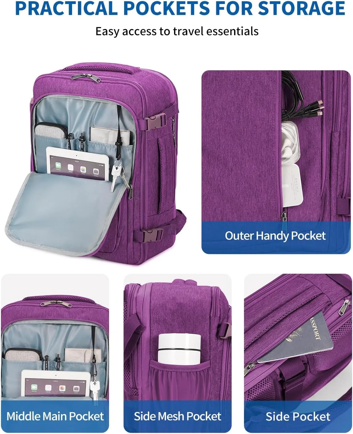 WANDF Expandable 17 Inch Laptop Travel Backpack For Spirit Airlines Personal Item Bag 18x14x8 with Wet Pocket for Men Women (Deep Purple)