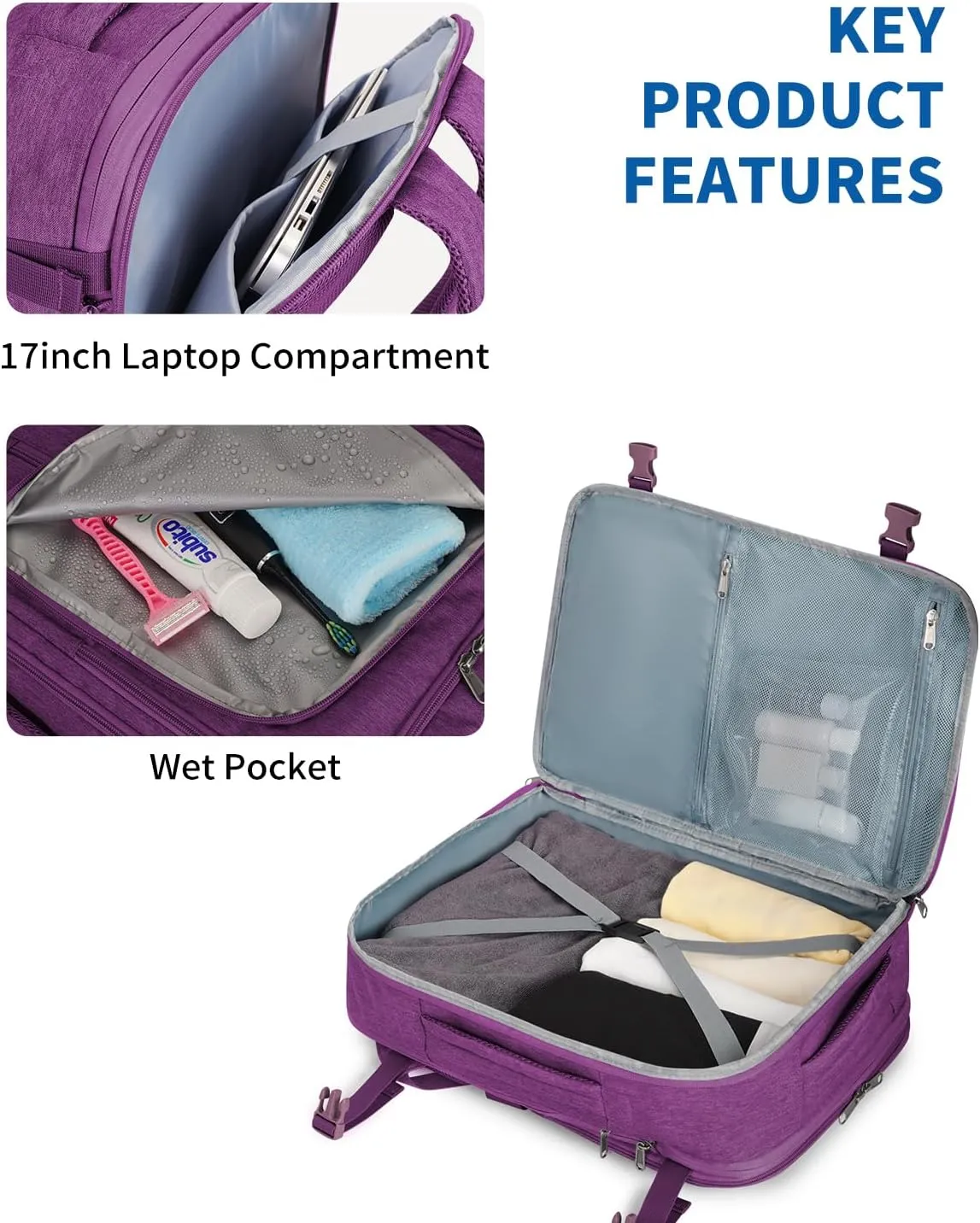 WANDF Expandable 17 Inch Laptop Travel Backpack For Spirit Airlines Personal Item Bag 18x14x8 with Wet Pocket for Men Women (Deep Purple)