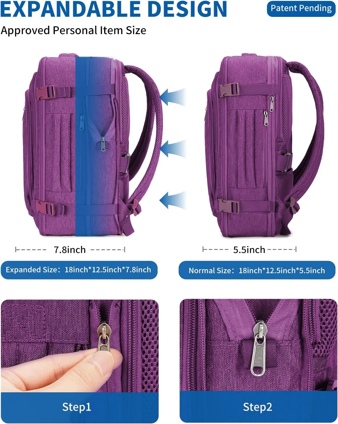 WANDF Expandable 17 Inch Laptop Travel Backpack For Spirit Airlines Personal Item Bag 18x14x8 with Wet Pocket for Men Women (Deep Purple)