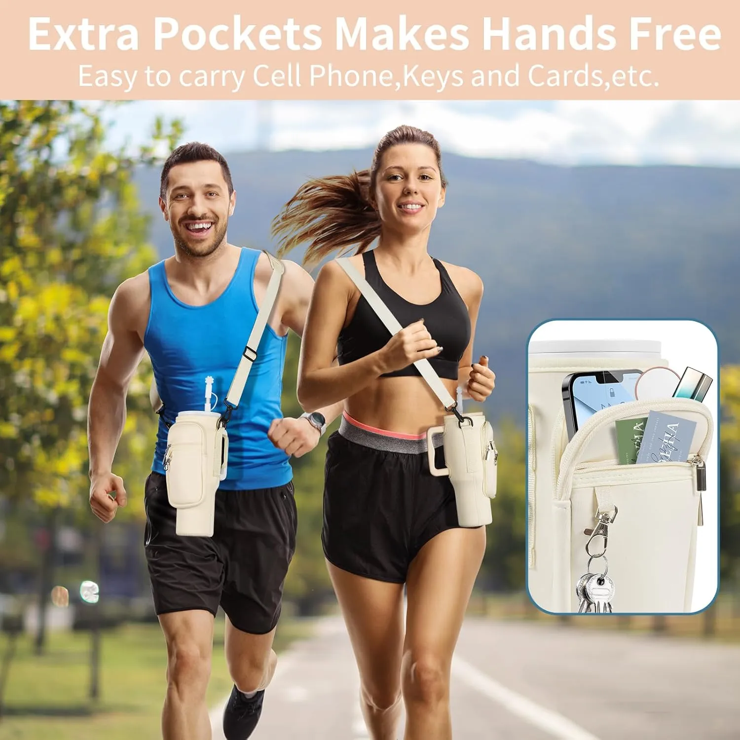 Water Bottle Carrier Bag Compatible with Simple Modern 40oz Tumbler with Handle, Water Bottle Holder with Adjustable Shoulder Strap for Hiking Travelling Camping (Cream)