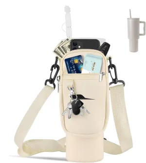 Water Bottle Carrier Bag Compatible with Simple Modern 40oz Tumbler with Handle, Water Bottle Holder with Adjustable Shoulder Strap for Hiking Travelling Camping (Cream)