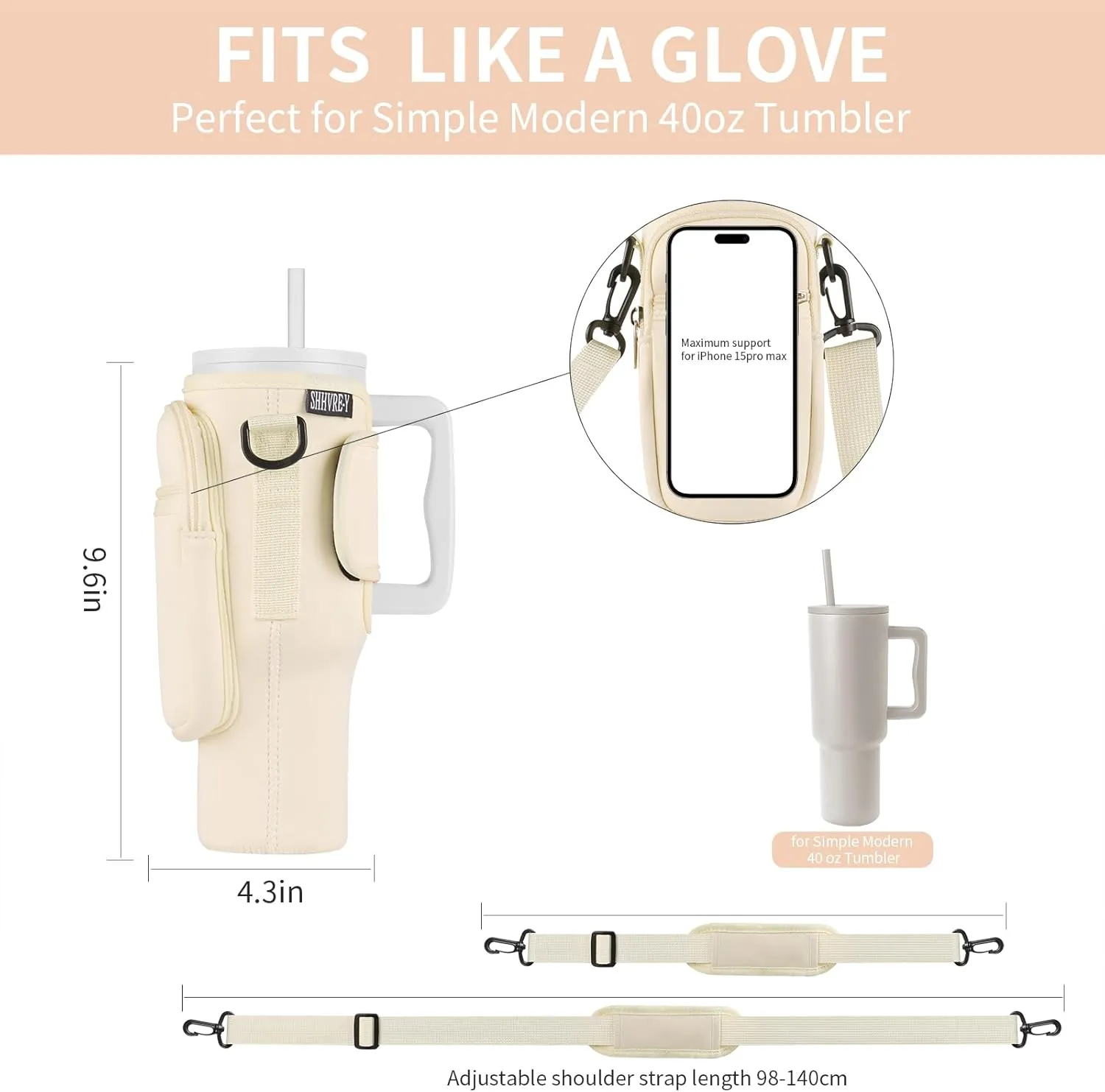 Water Bottle Carrier Bag Compatible with Simple Modern 40oz Tumbler with Handle, Water Bottle Holder with Adjustable Shoulder Strap for Hiking Travelling Camping (Cream)