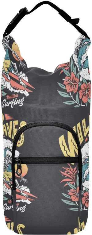 Water Bottle Sling Sleeve Bag, Bottle Carrier Holder Case Cover with Removable Strap Travel Mug Cup Storage with Pockets Print Camper Truck Hawaii Surfing Blue Palm Trees Style
