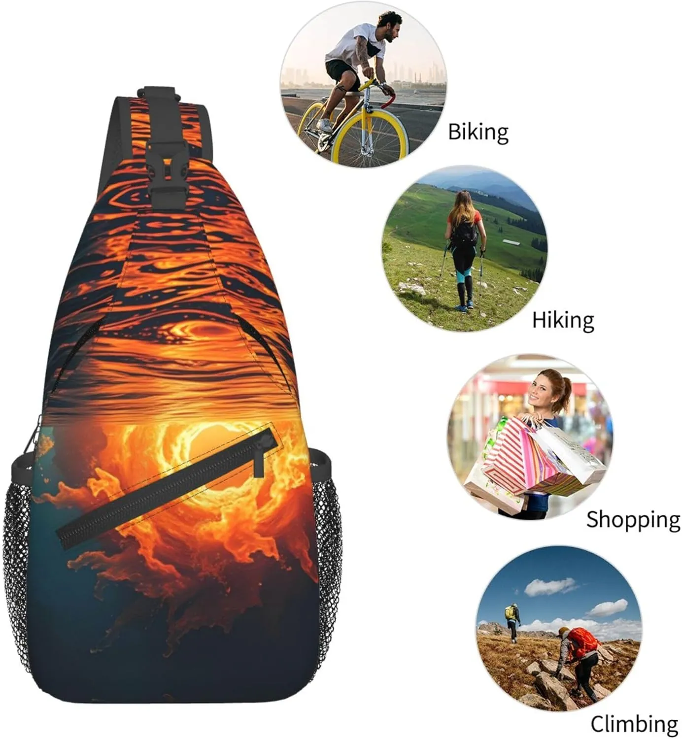 Water Sunrise Fire Pattern Sling Backpack Crossbody Bag, Chest Bag Daypack for Outdoors Hiking Traveling