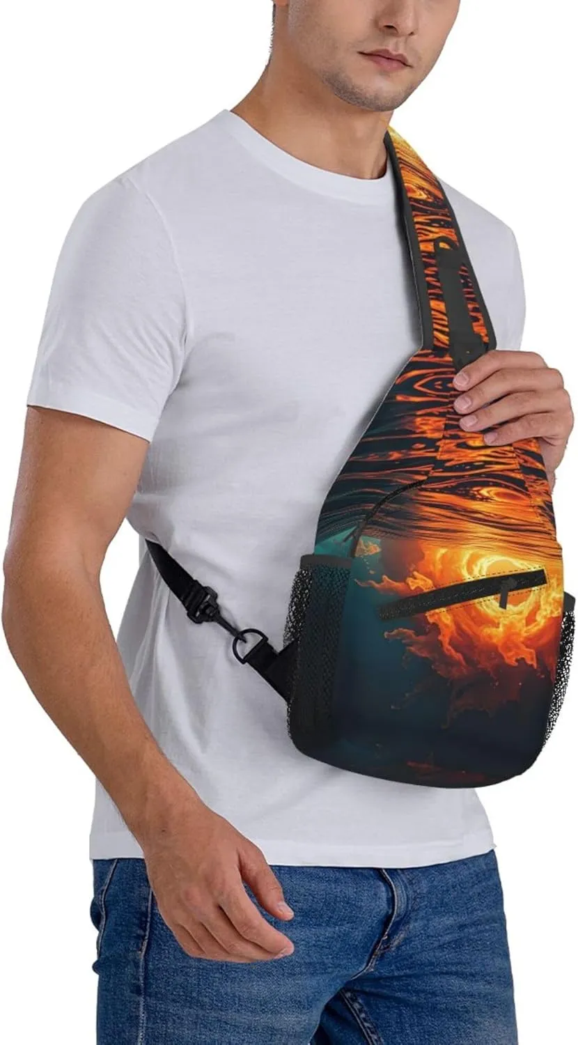 Water Sunrise Fire Pattern Sling Backpack Crossbody Bag, Chest Bag Daypack for Outdoors Hiking Traveling