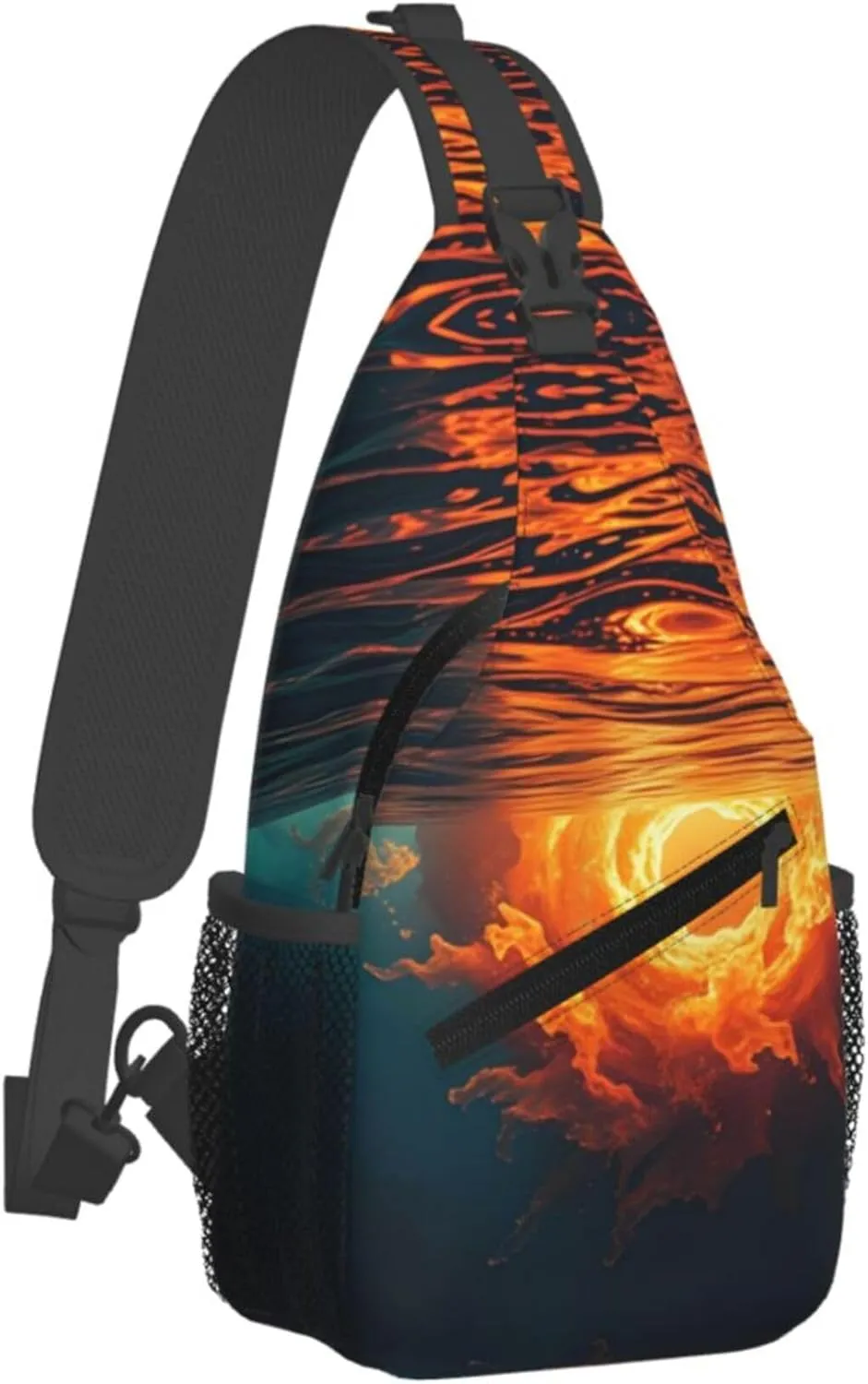 Water Sunrise Fire Pattern Sling Backpack Crossbody Bag, Chest Bag Daypack for Outdoors Hiking Traveling