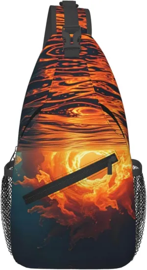 Water Sunrise Fire Pattern Sling Backpack Crossbody Bag, Chest Bag Daypack for Outdoors Hiking Traveling