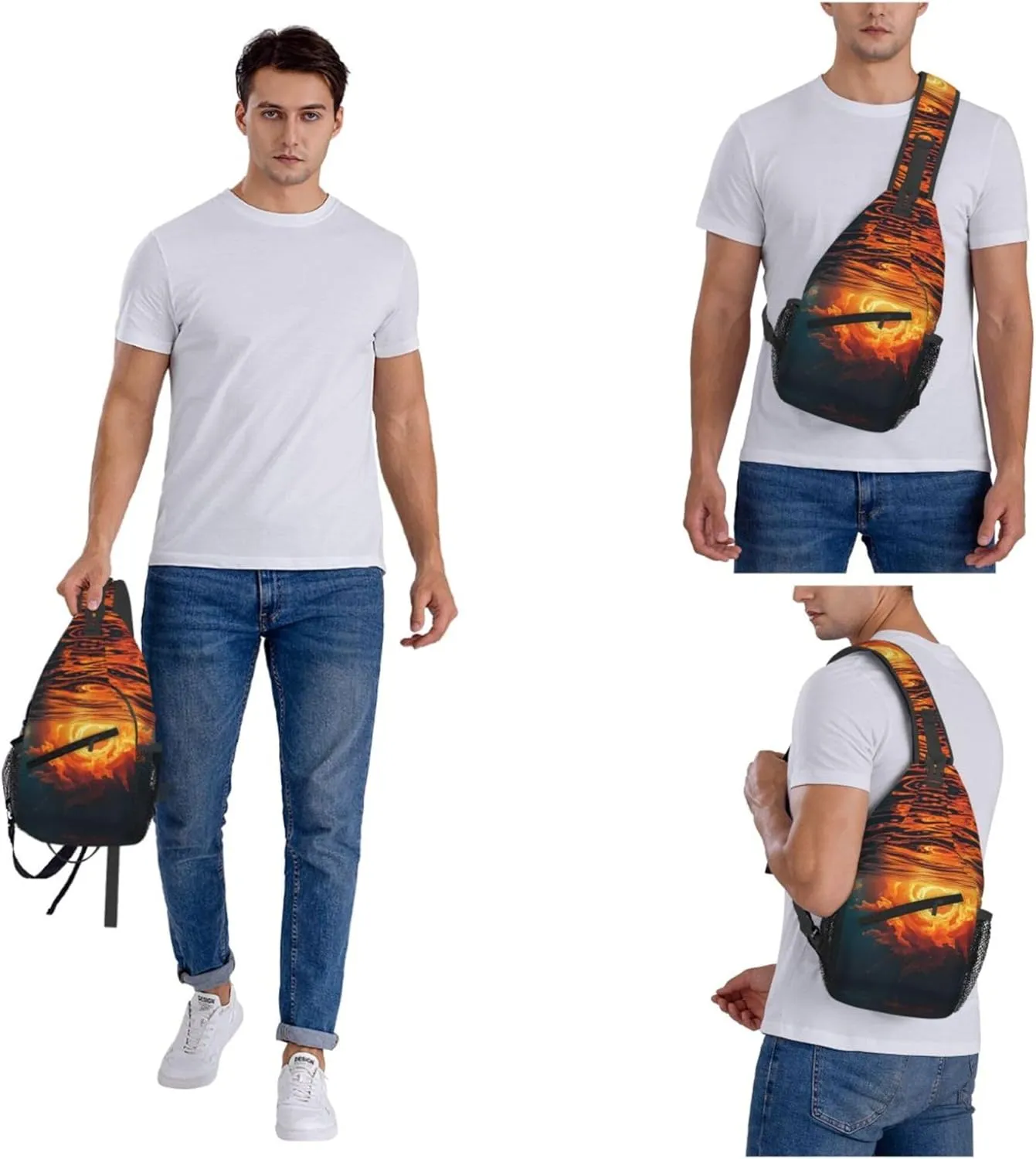 Water Sunrise Fire Pattern Sling Backpack Crossbody Bag, Chest Bag Daypack for Outdoors Hiking Traveling