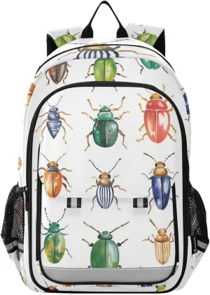 Watercolor Beetles Pattern Backpack Girls Boys School Bags Elementary Bookbags Laptop Backpack Travel Daypack Safe Reflective Stripes