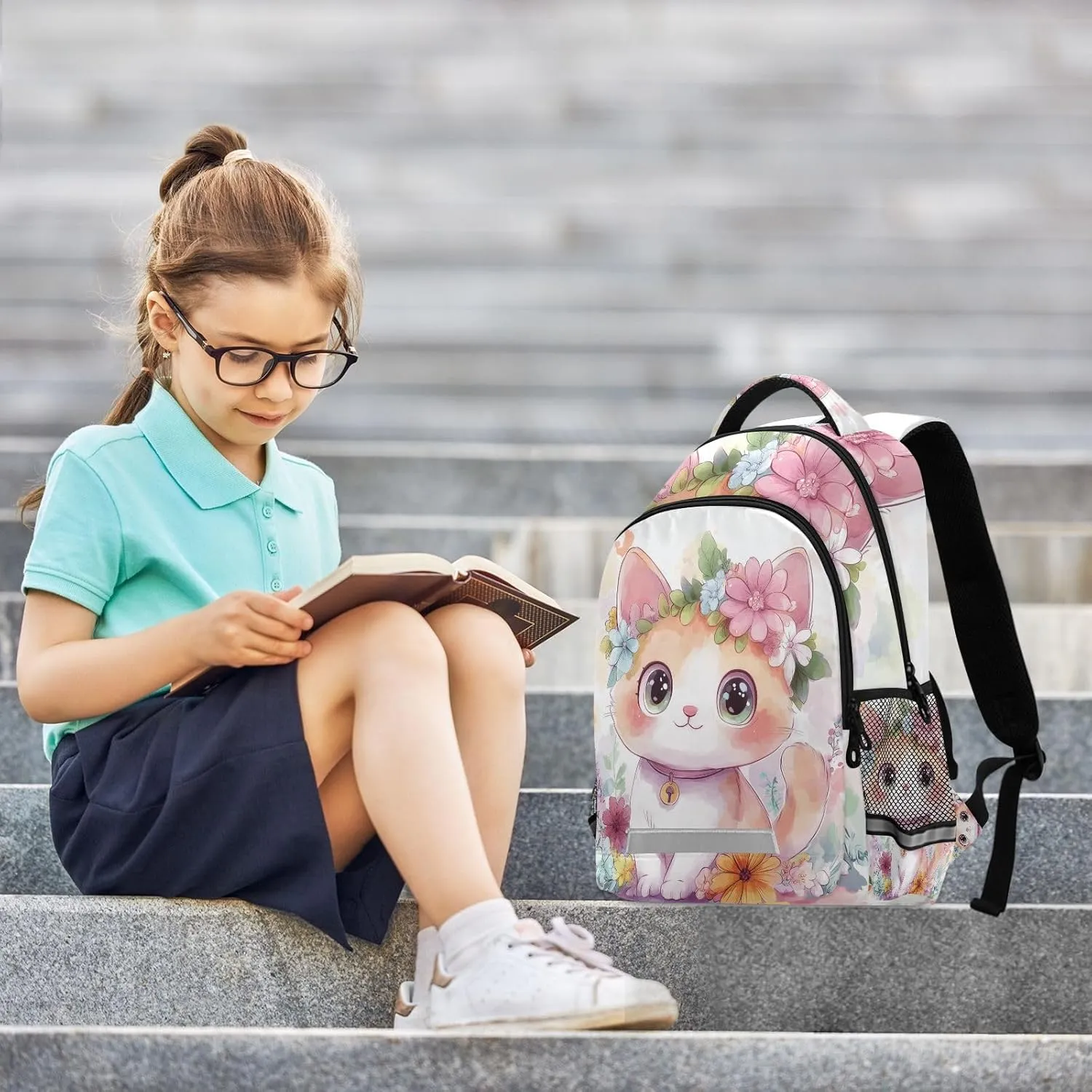 Watercolor Cute Cat Flowers Backpack for Boys Girls Elementary School Bag Kids Travel Bags Casual Rucksack Laptop Bookbag