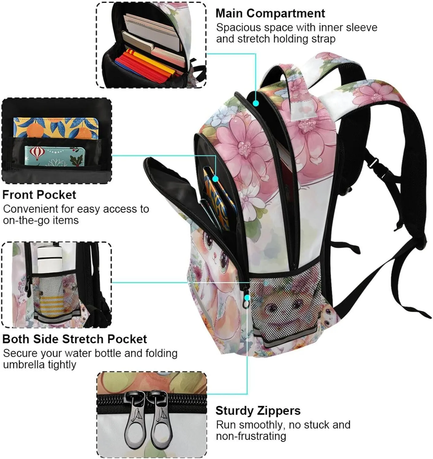 Watercolor Cute Cat Flowers Backpack for Boys Girls Elementary School Bag Kids Travel Bags Casual Rucksack Laptop Bookbag