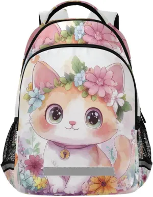 Watercolor Cute Cat Flowers Backpack for Boys Girls Elementary School Bag Kids Travel Bags Casual Rucksack Laptop Bookbag